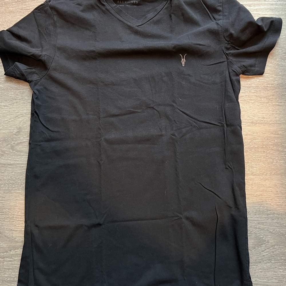 All Saints Black V-Neck 100% Cotton tshirt with Ramskull logo